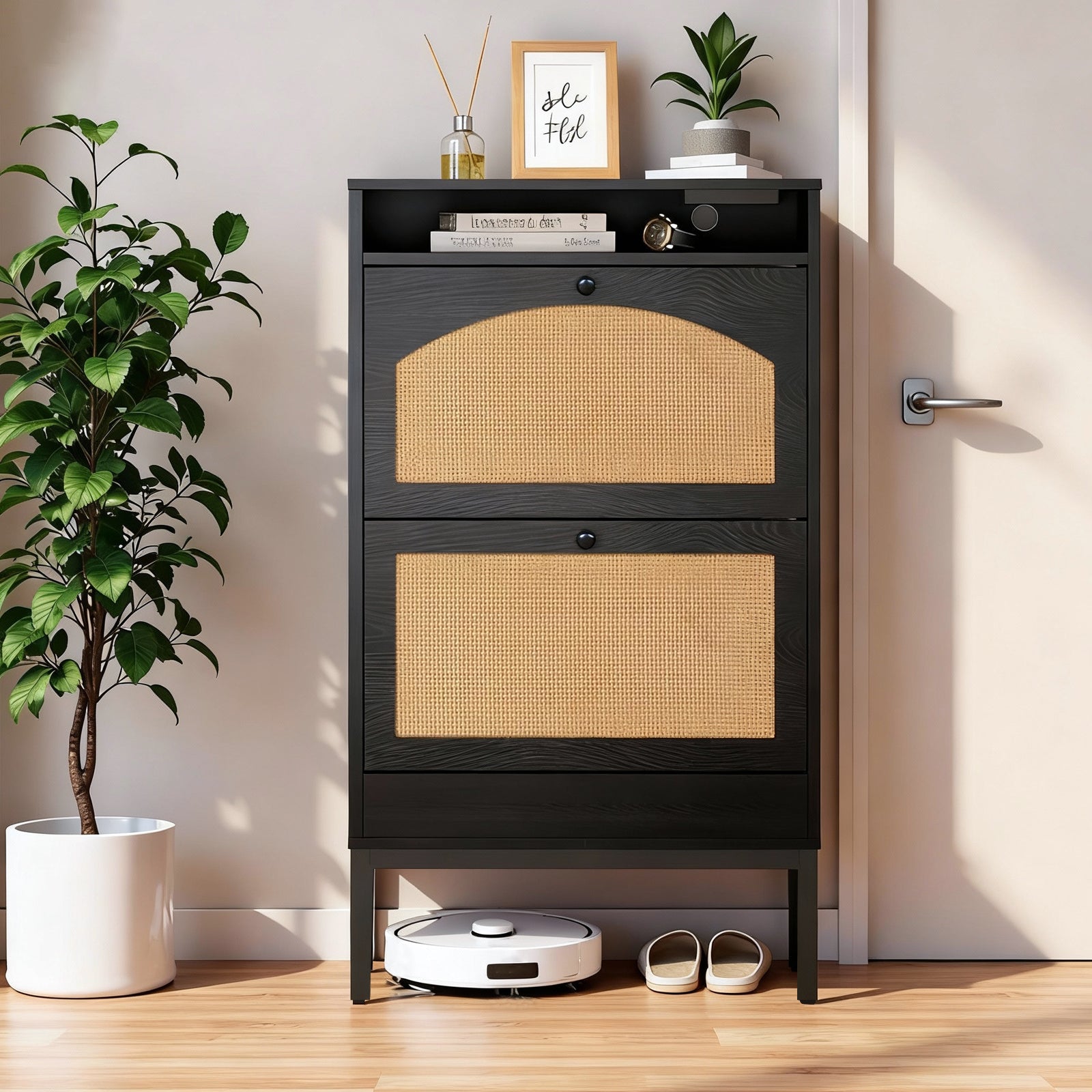 Shoe Storage Cabinet with 2 Flip Drawers & Charging Station