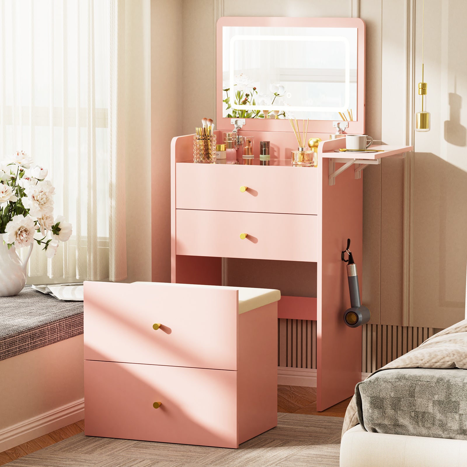 LUCKLIFE Small Makeup Vanity Desk with Mirror and Lights, Small 3 in 1 Vanity Table with Visible Glass Top, Flip Top & 3 Drawers B500