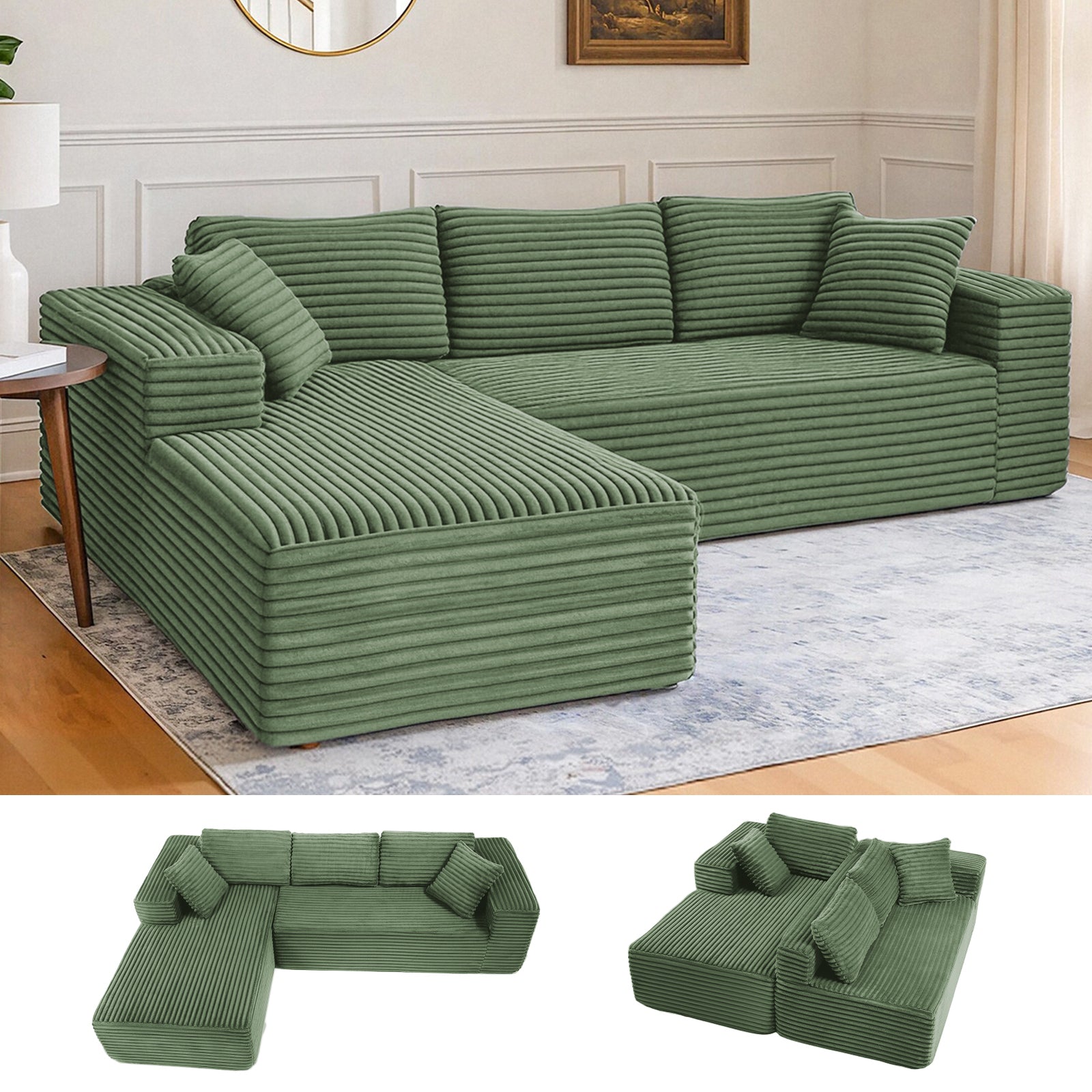 COMHOMA Modular Sectional Couch with L/R-Shape Chaise, Corduroy Upholstery & No Assembly Required B10