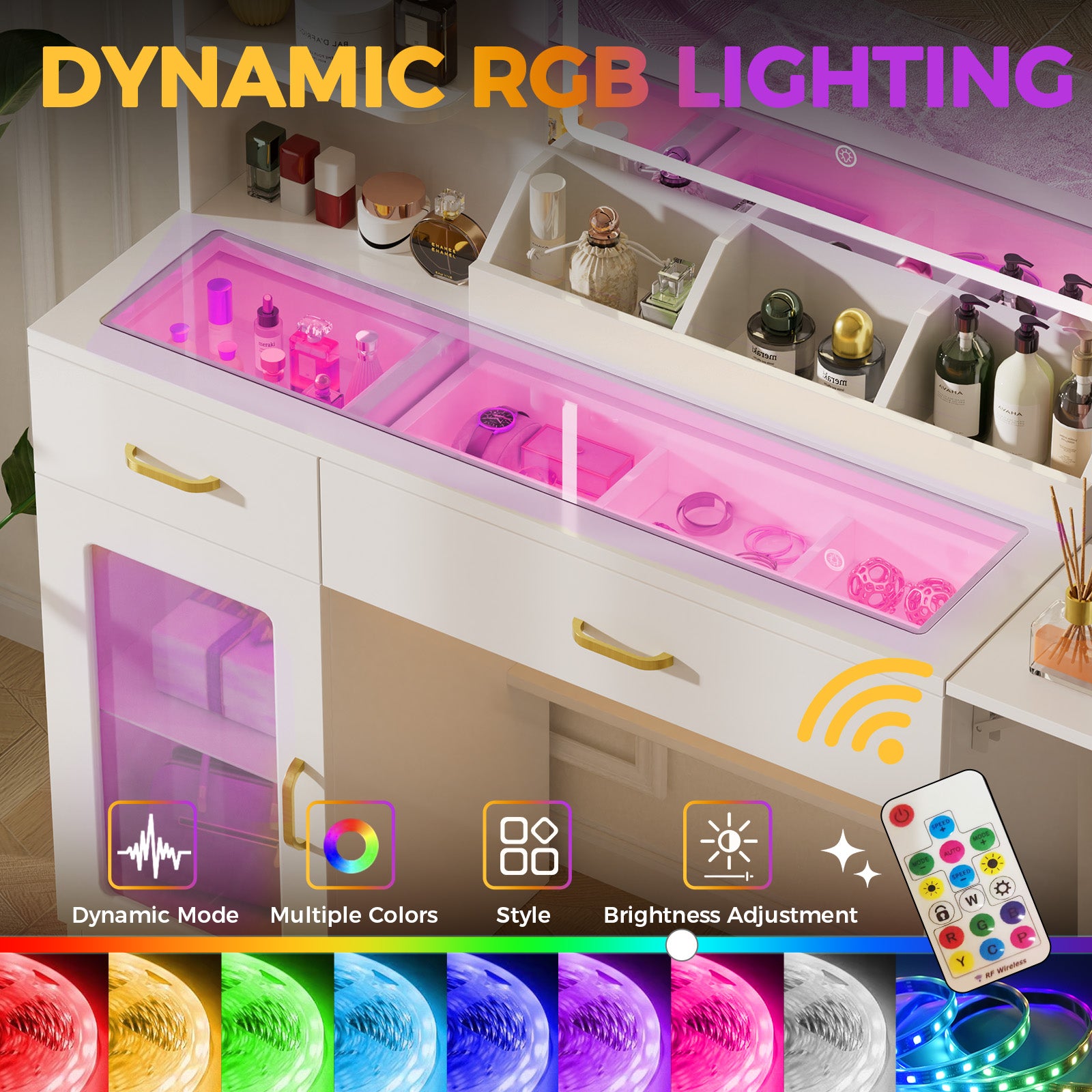 COMHOMA Vanity Desk with Transparent Tabletop and 3-Color LED Lights B2001