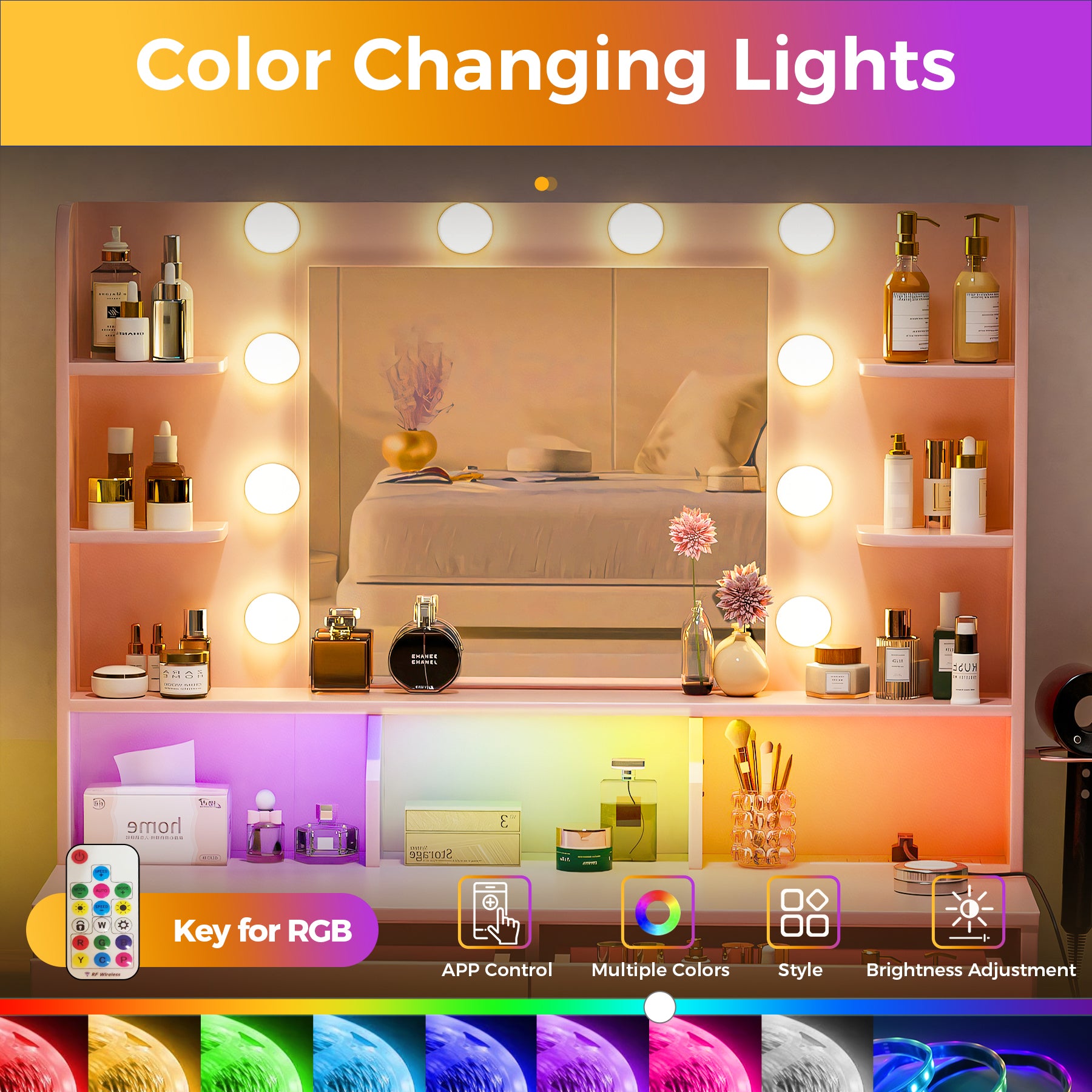 COMHOMA Vanity Desk with Large Storage, RGB LED Lights and Power Outlet B1004