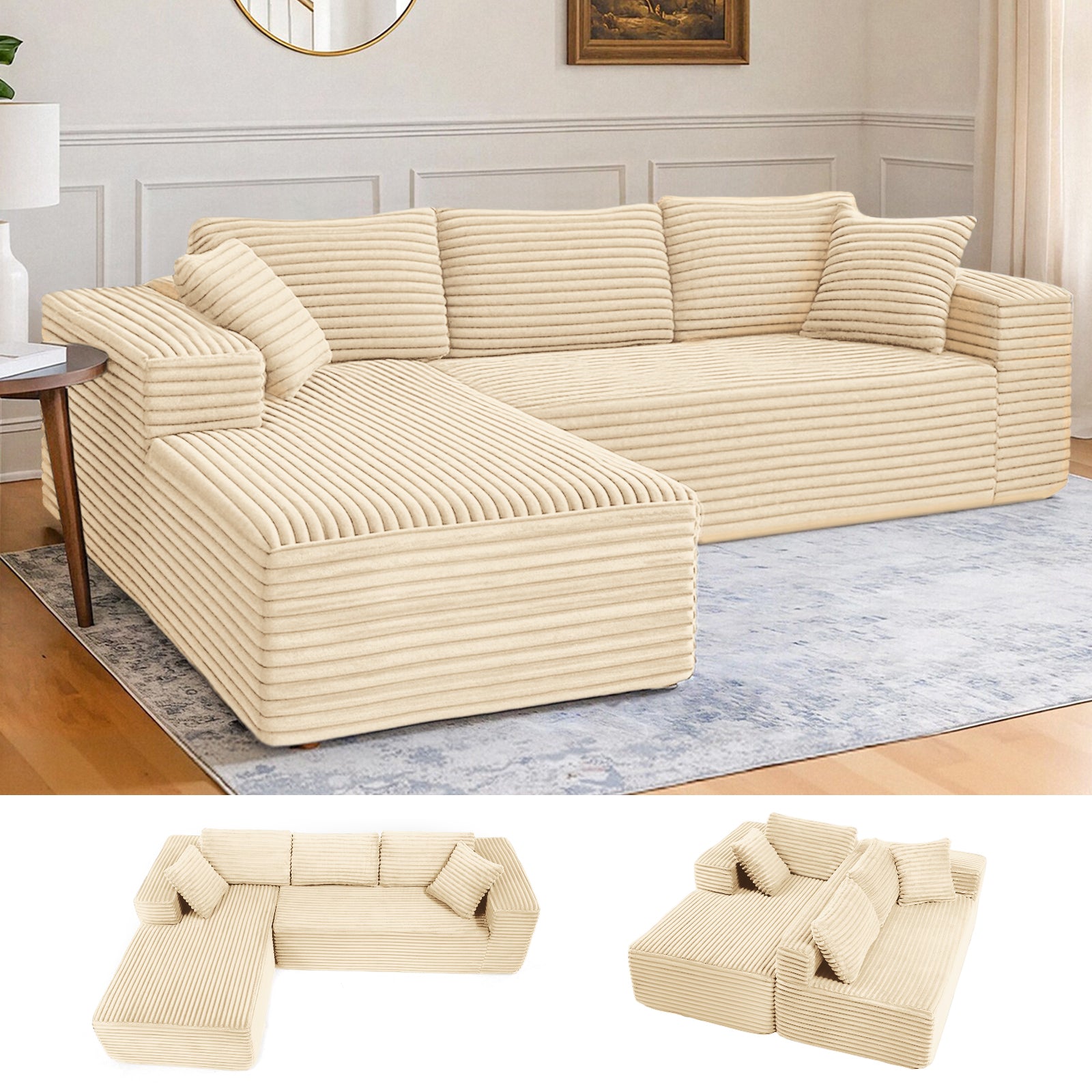 COMHOMA Modular Sectional Couch with L/R-Shape Chaise, Corduroy Upholstery & No Assembly Required B10