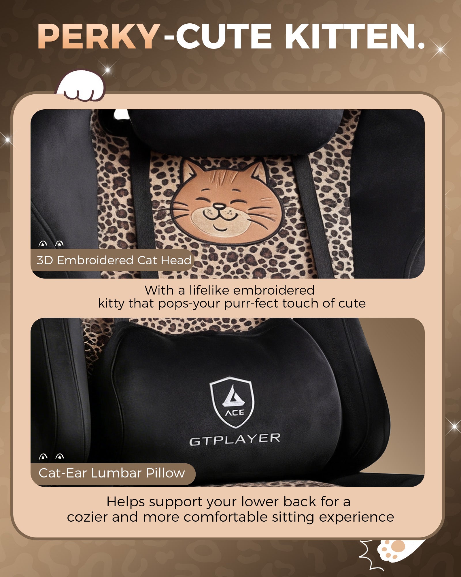 GTPLAYER Gaming Chair with Leopard Print Cat, Cute Velvet Fabric Ergonomic Office Chair with Footrest Headrest and Lumbar Support GTP710