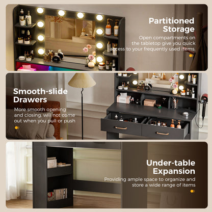 COMHOMA Vanity Desk with Large Storage, Lighted Mirror and Power Outlet B1004