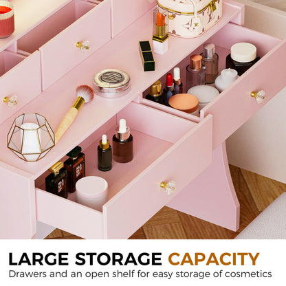 COMHOMA Makeup Vanity Table and Chair Set with 5 Drawers and Charging Station, Mirror and Lights Included