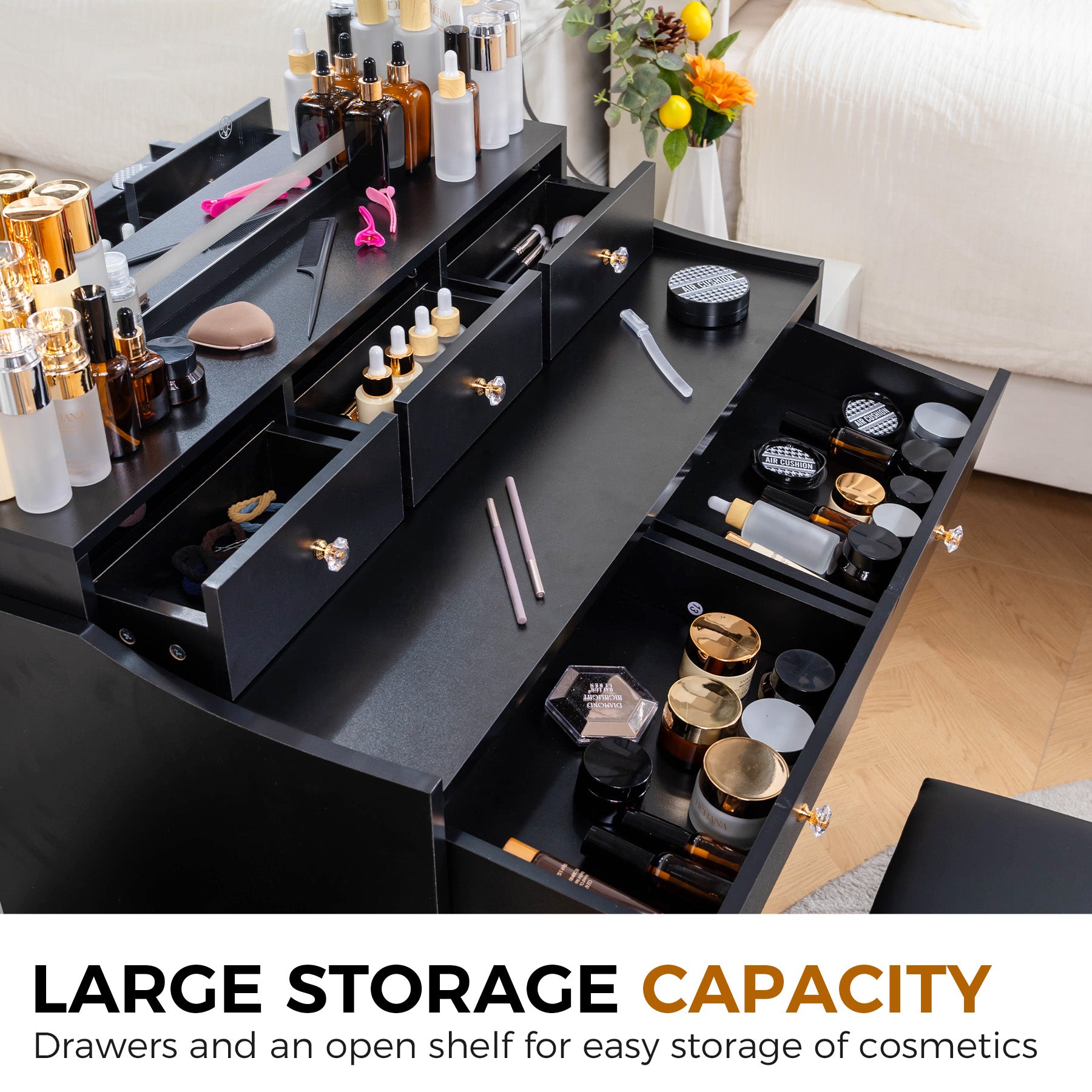 COMHOMA Makeup Vanity Table and Chair Set with 5 Drawers and Charging Station, Mirror and Lights Included B200