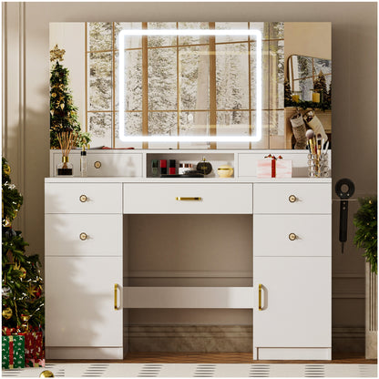 COMHOMA Vanity Desk with 3 Lighting & 7 Drawer, White B2002