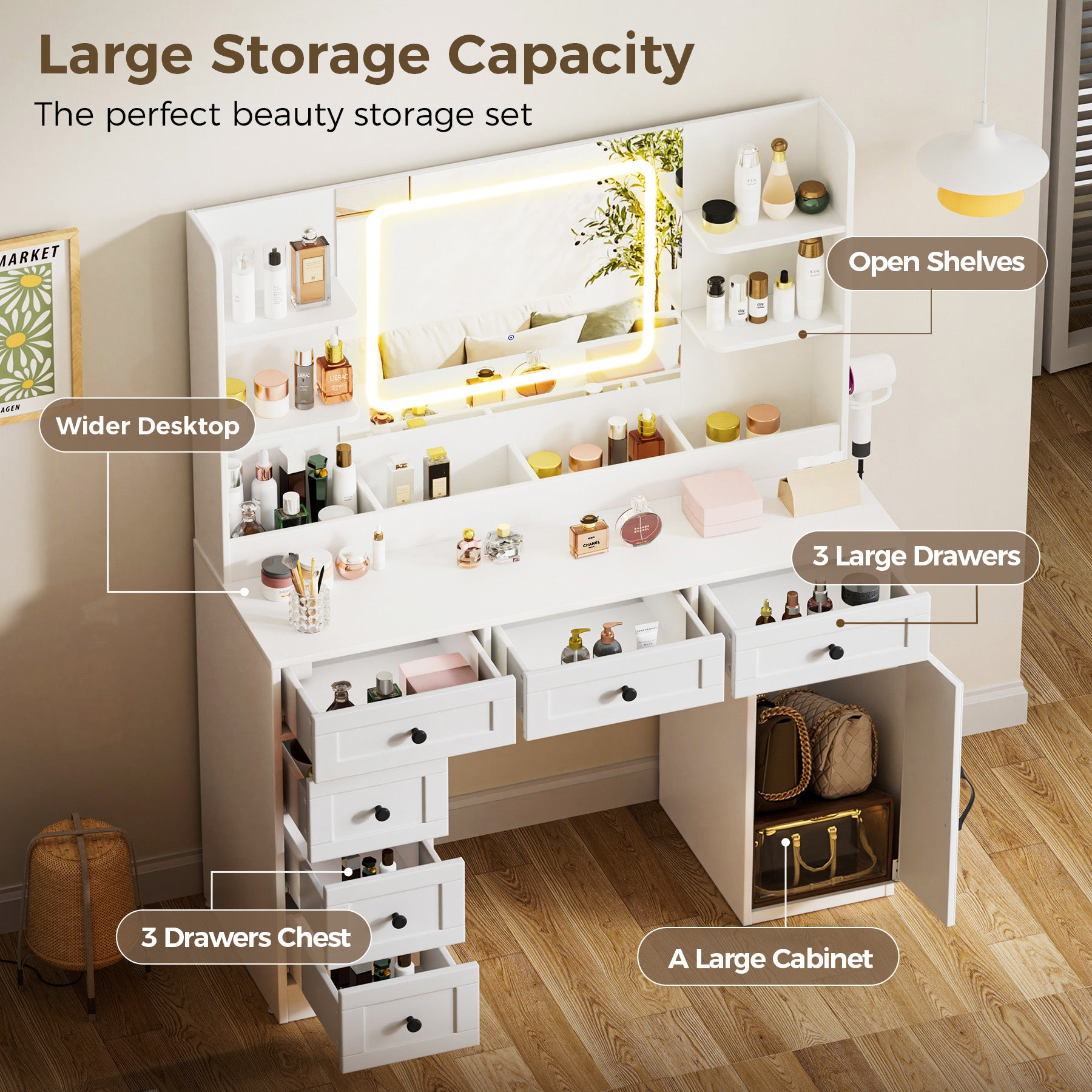 COMHOMA Makeup Vanity Desk with Mirror and Lights, 6 Drawers & 1 Storage Cabinet B1005
