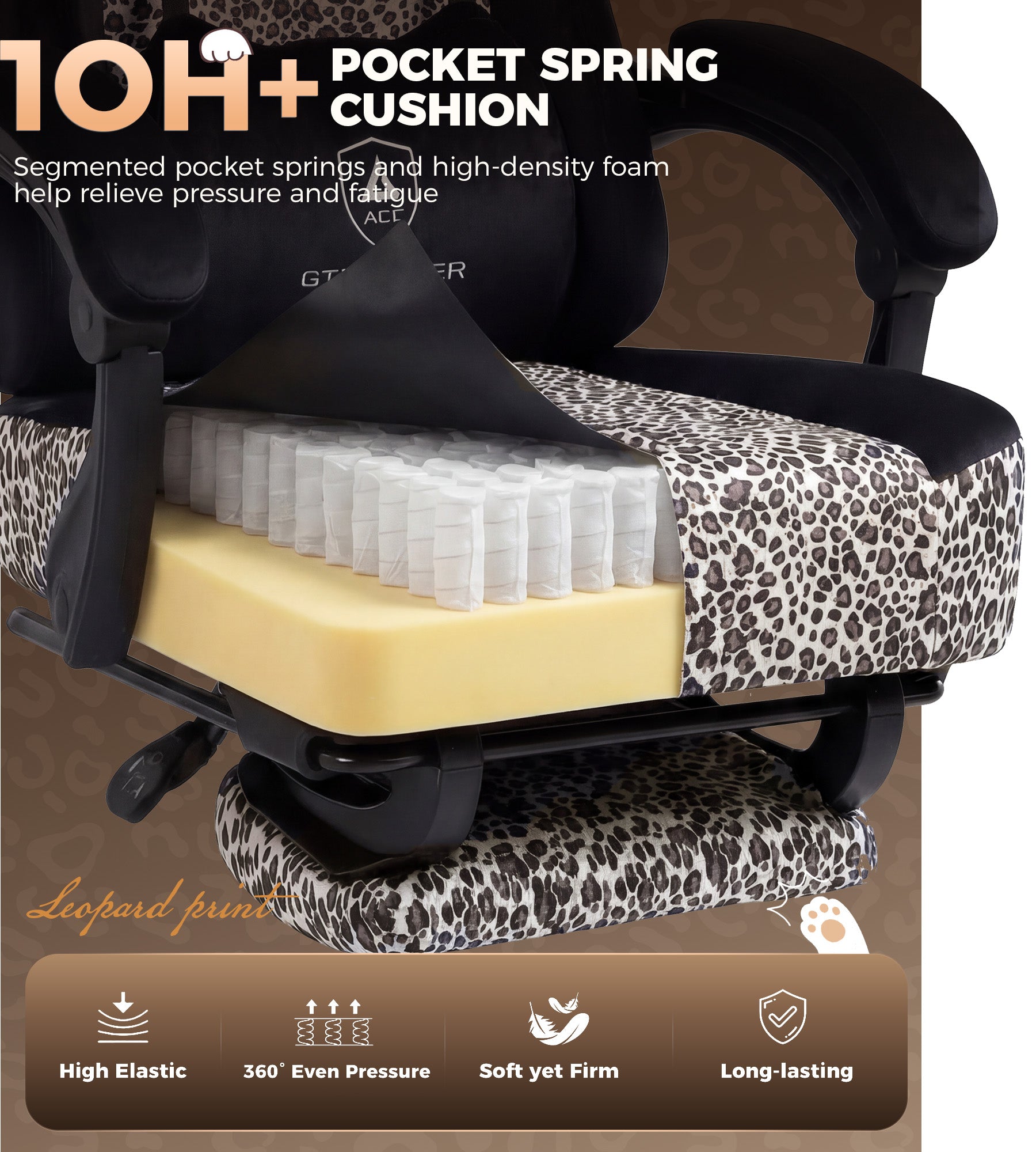 GTPLAYER Gaming Chair with Leopard Print Cat, Cute Velvet Fabric Ergonomic Office Chair with Footrest Headrest and Lumbar Support GTP710