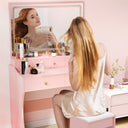 COMHOMA Makeup Vanity Table and Chair Set with 5 Drawers and Charging Station, Mirror and Lights Included B200