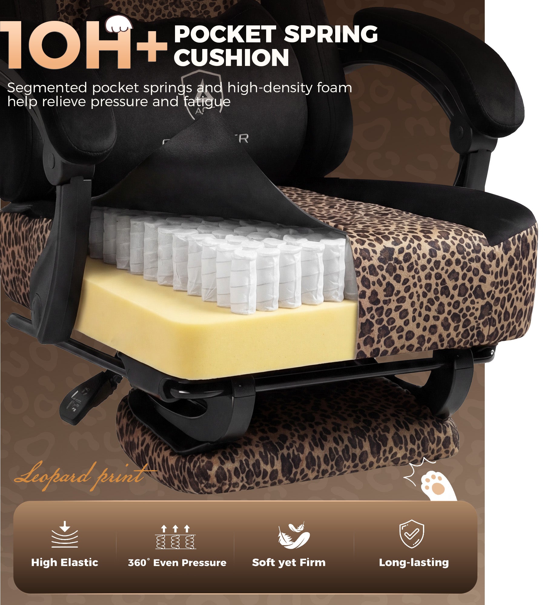 GTPLAYER Gaming Chair with Leopard Print Cat, Cute Velvet Fabric Ergonomic Office Chair with Footrest Headrest and Lumbar Support GTP710