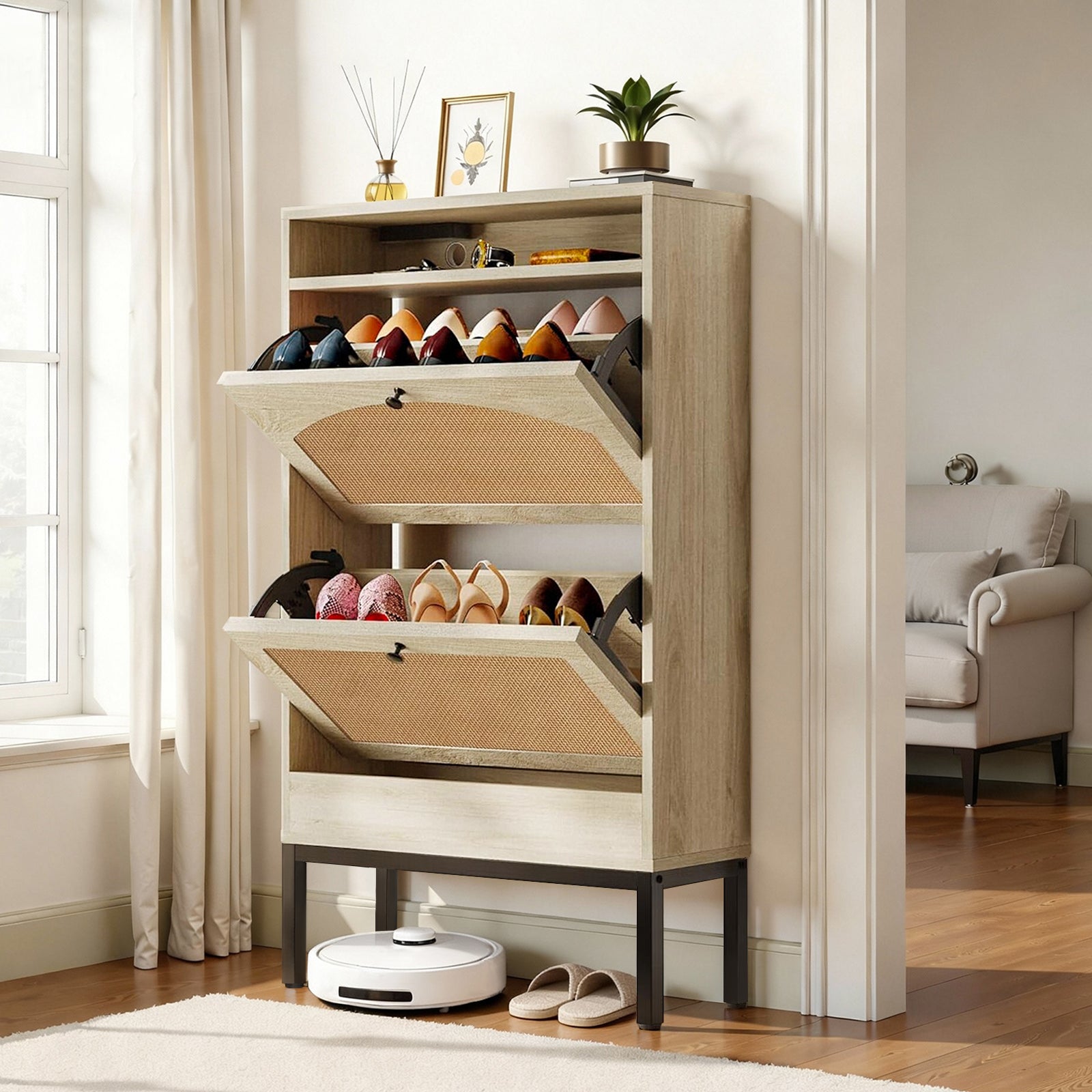 Shoe Storage Cabinet with 2 Flip Drawers & Charging Station