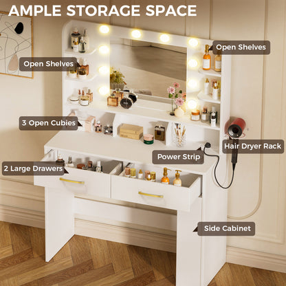 COMHOMA Vanity Desk with Large Storage, Lighted Mirror and Power Outlet B1004
