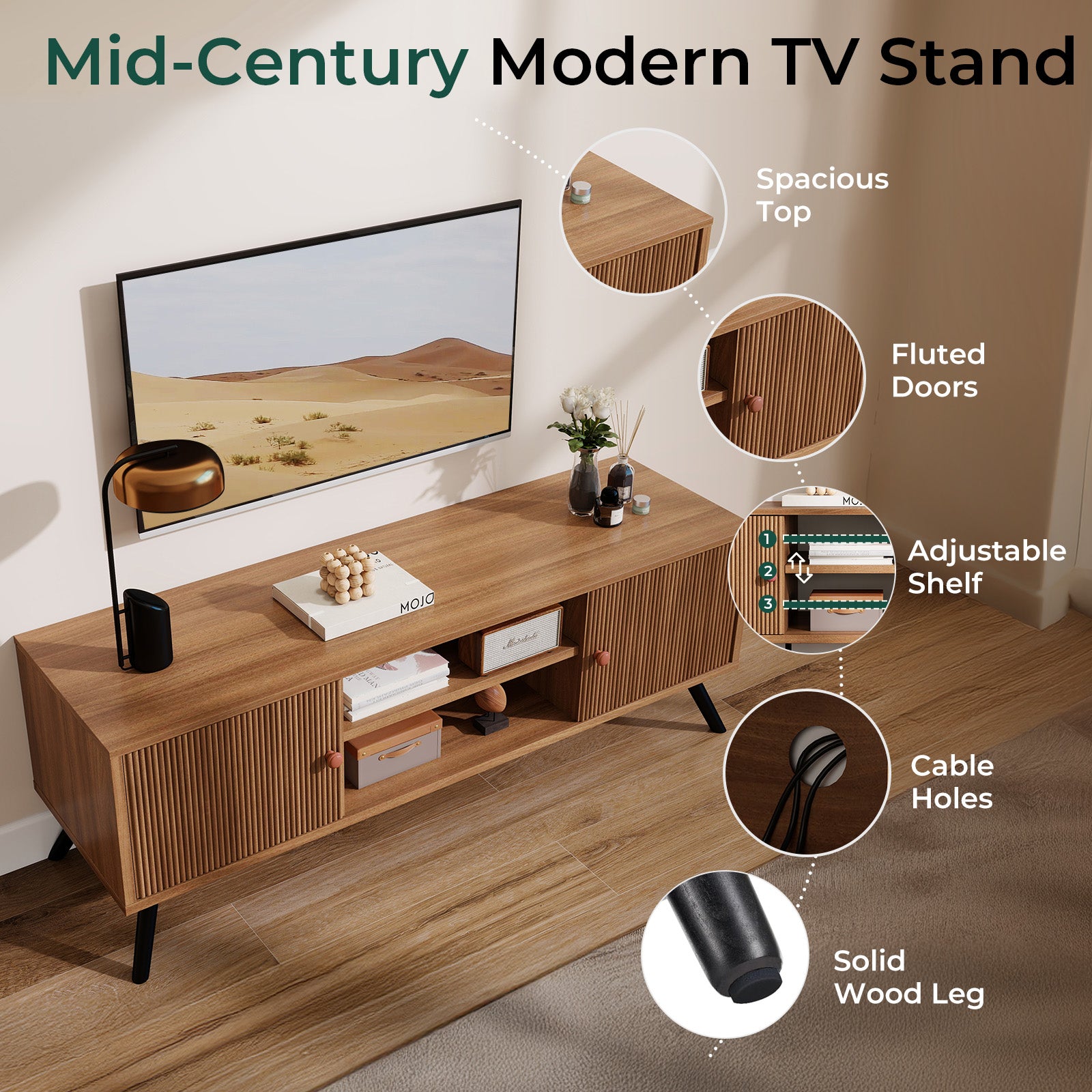 COMHOMA TV Stand, Mid Century Modern Entertainment Center for 55/60/65 Inch TVs