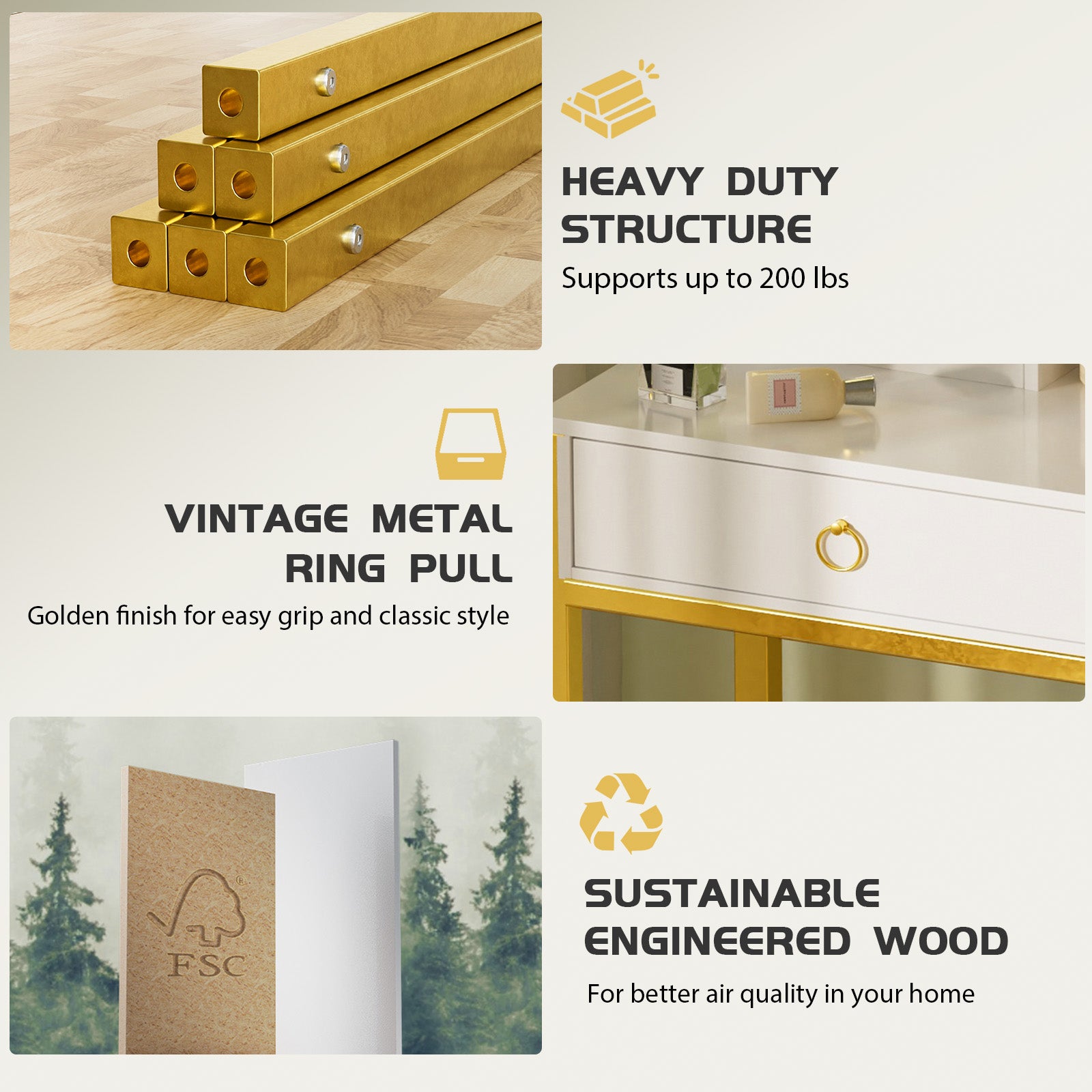 COMHOMA Makeup Vanity Desk with 4 Drawers and Charging Station, 3 Color Modes B1007