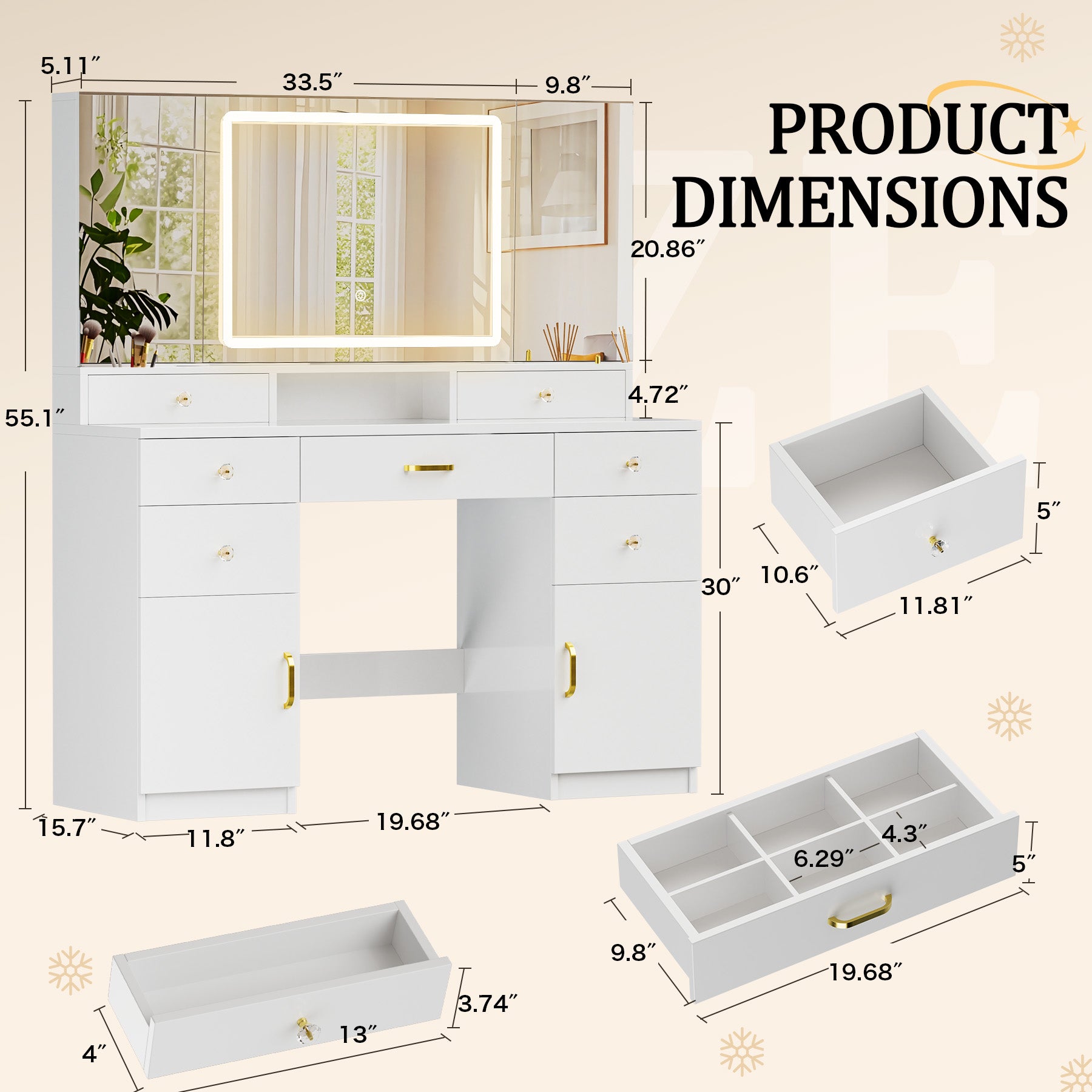 COMHOMA Vanity Desk with 3 Lighting & 7 Drawer, White B2002