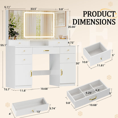 COMHOMA Vanity Desk with 3 Lighting & 7 Drawer, White B2002