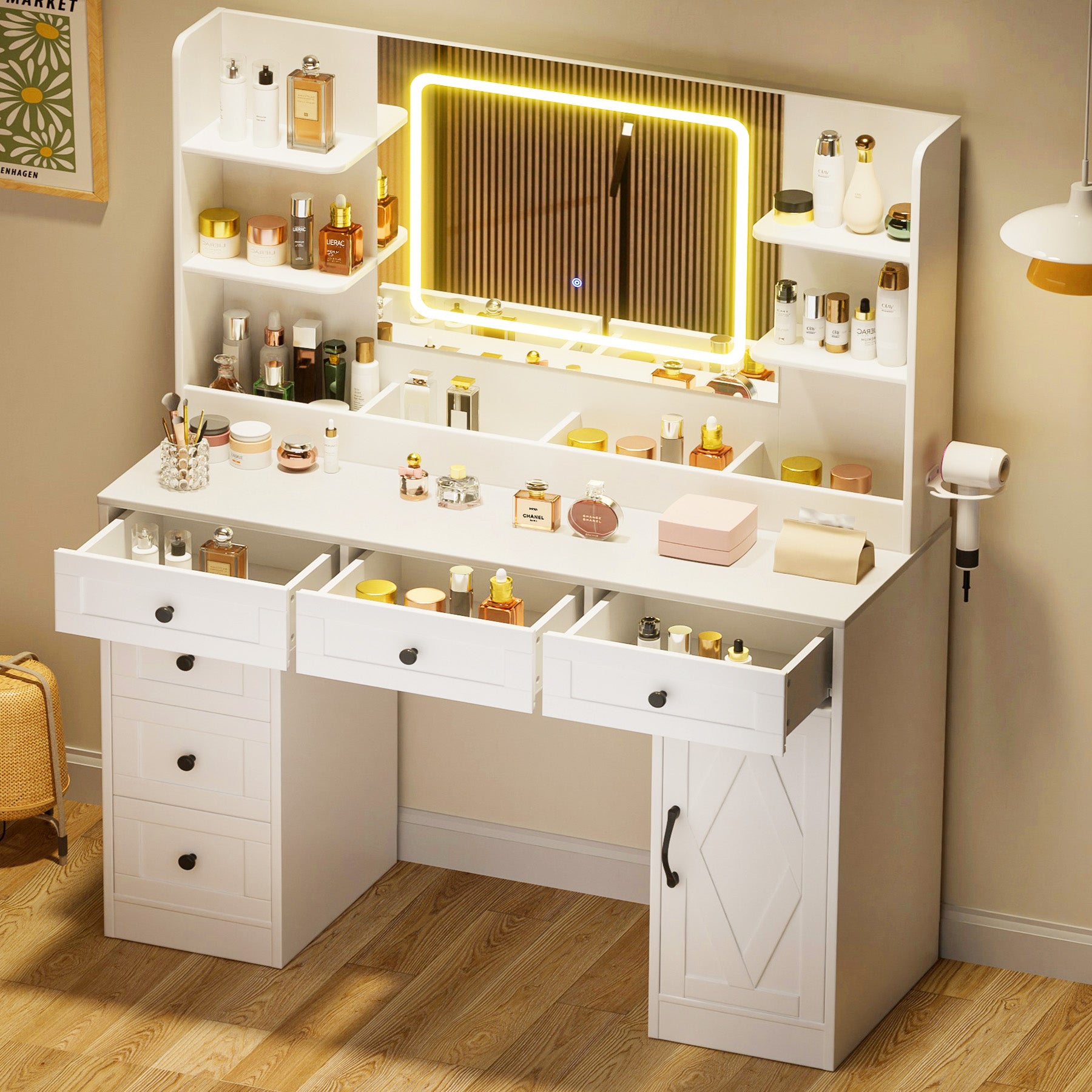COMHOMA Makeup Vanity Desk with Mirror and Lights, 6 Drawers & 1 Storage Cabinet B1005