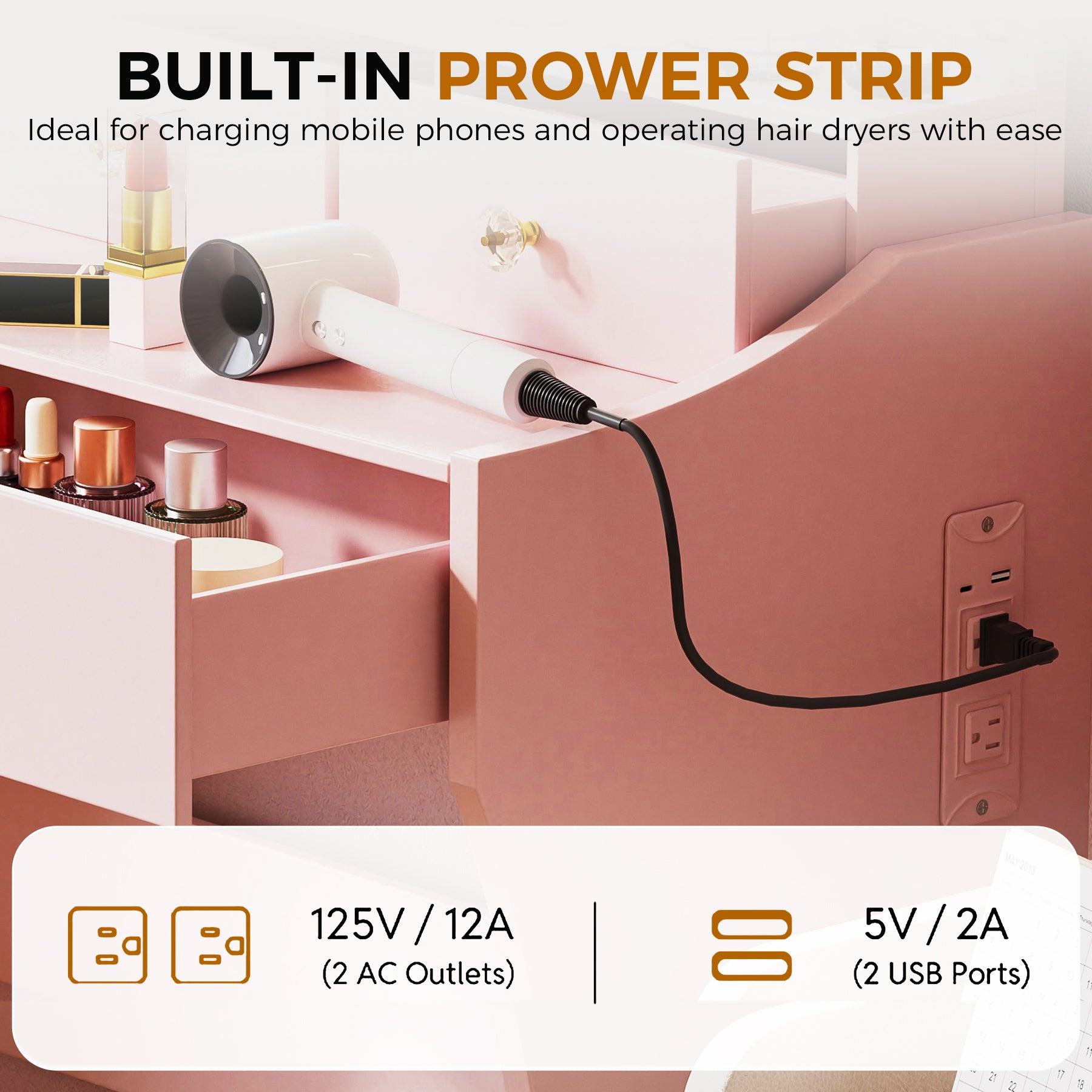 COMHOMA Makeup Vanity Table and Chair Set with 5 Drawers and Charging Station, Mirror and Lights Included B200