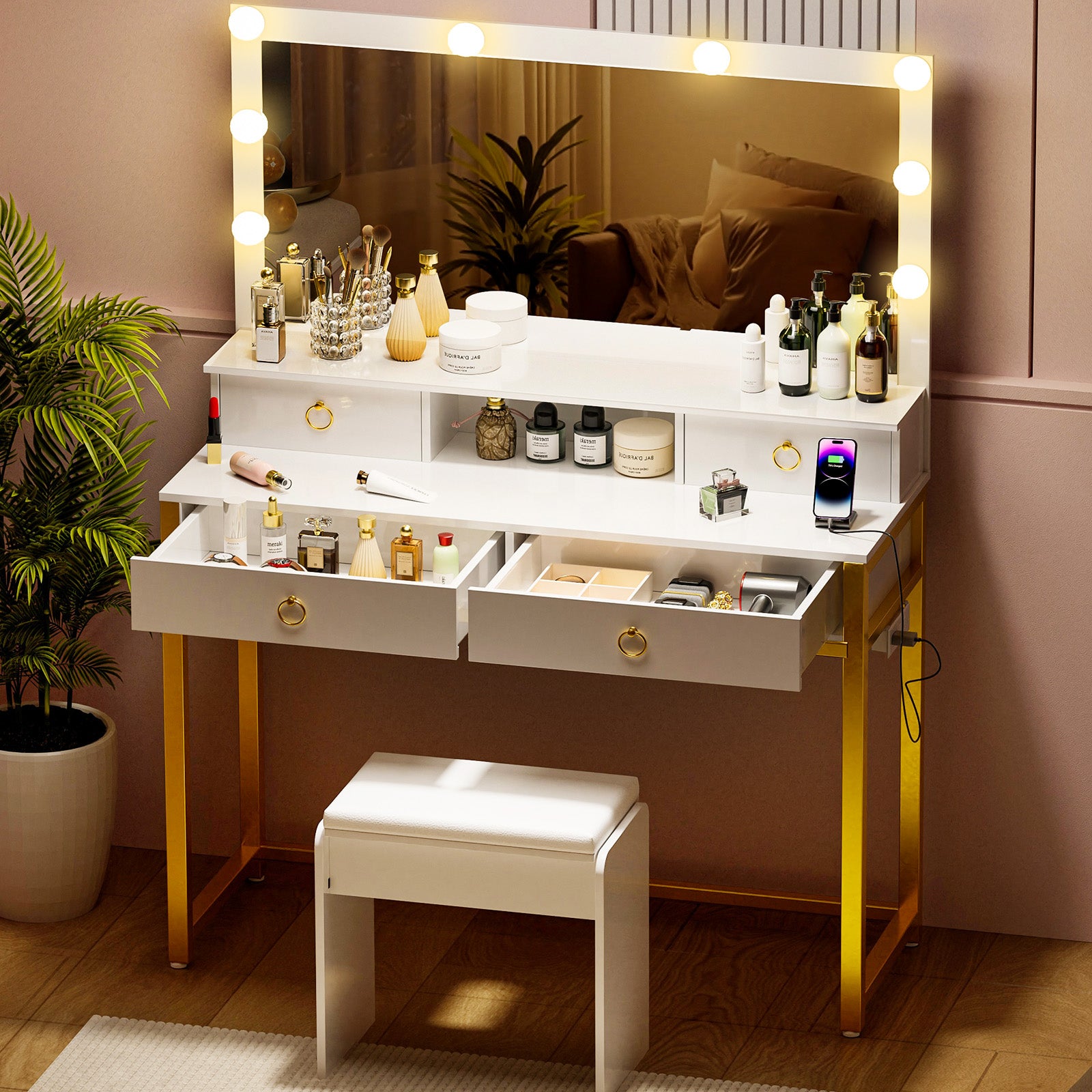 COMHOMA Makeup Vanity Desk with 4 Drawers and Charging Station, 3 Color Modes B1007