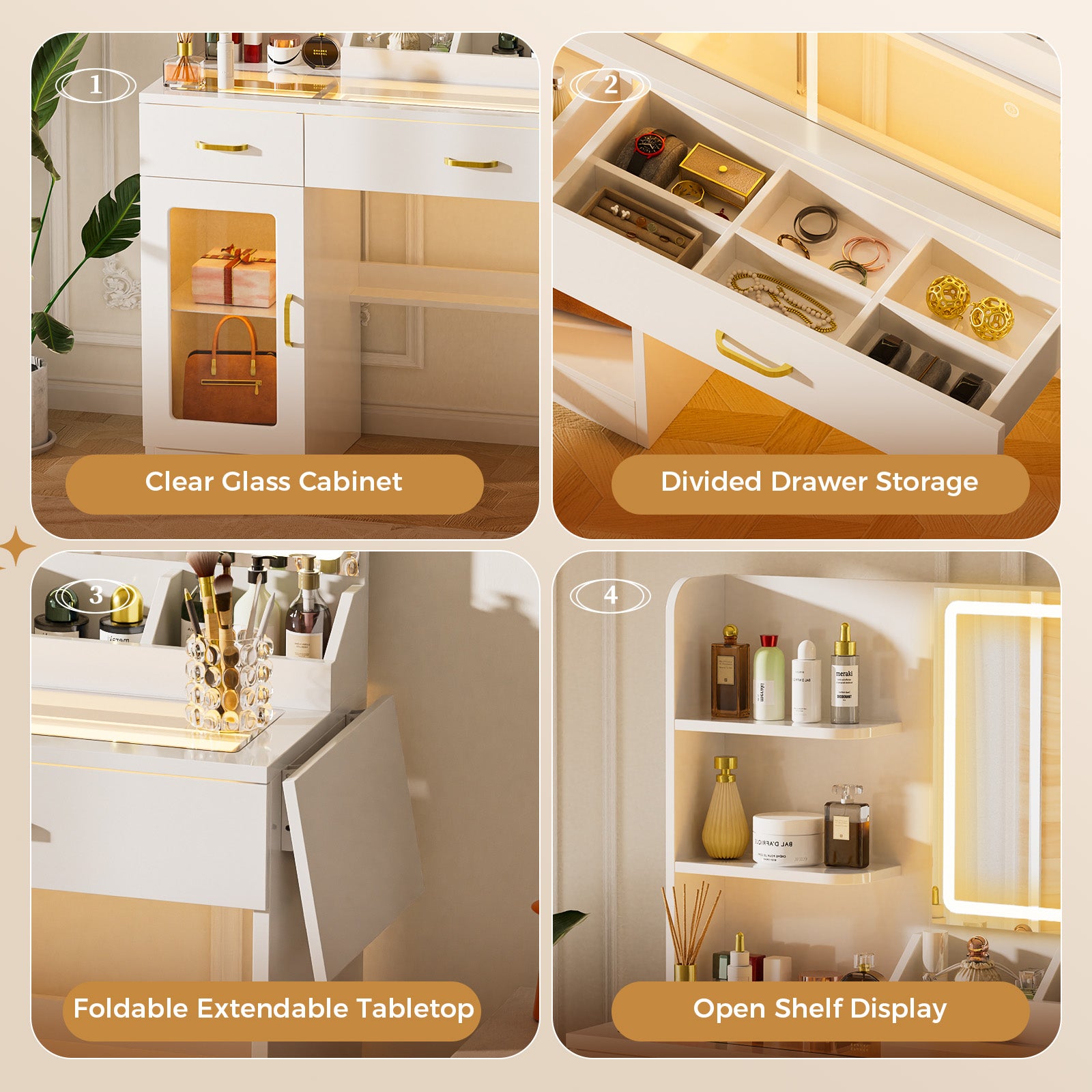 COMHOMA Vanity Desk with Transparent Tabletop and 3-Color LED Lights B2001