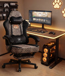 GTPLAYER Gaming Chair with Leopard Print Cat, Cute Velvet Fabric Ergonomic Office Chair with Footrest Headrest and Lumbar Support GTP710