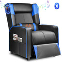 Black and blue recliner chair with ergonomic design, side storage pockets, built-in Bluetooth speakers, and massage feature, suitable for office and game collections.