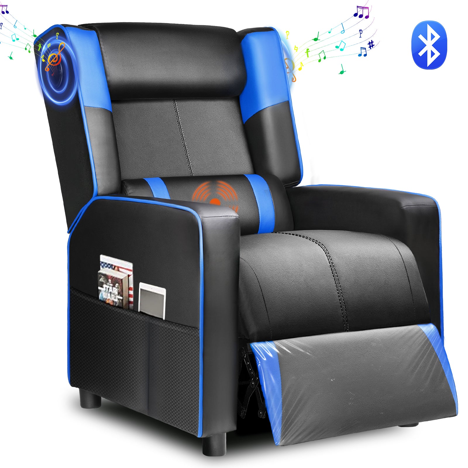 Black and blue recliner chair with ergonomic design, side storage pockets, built-in Bluetooth speakers, and massage feature, suitable for office and game collections.