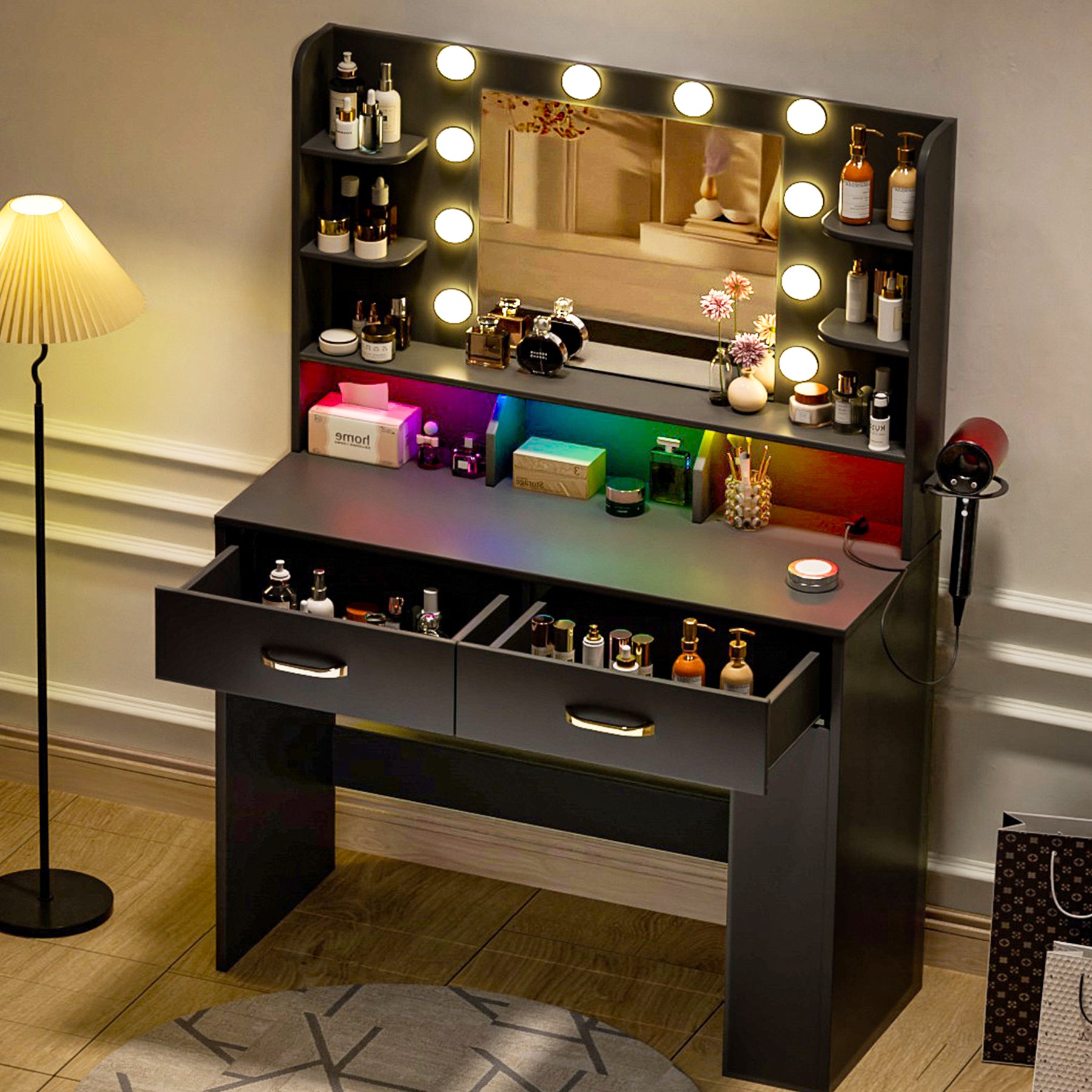 COMHOMA Vanity Desk with Large Storage, Lighted Mirror and Power Outlet B1004