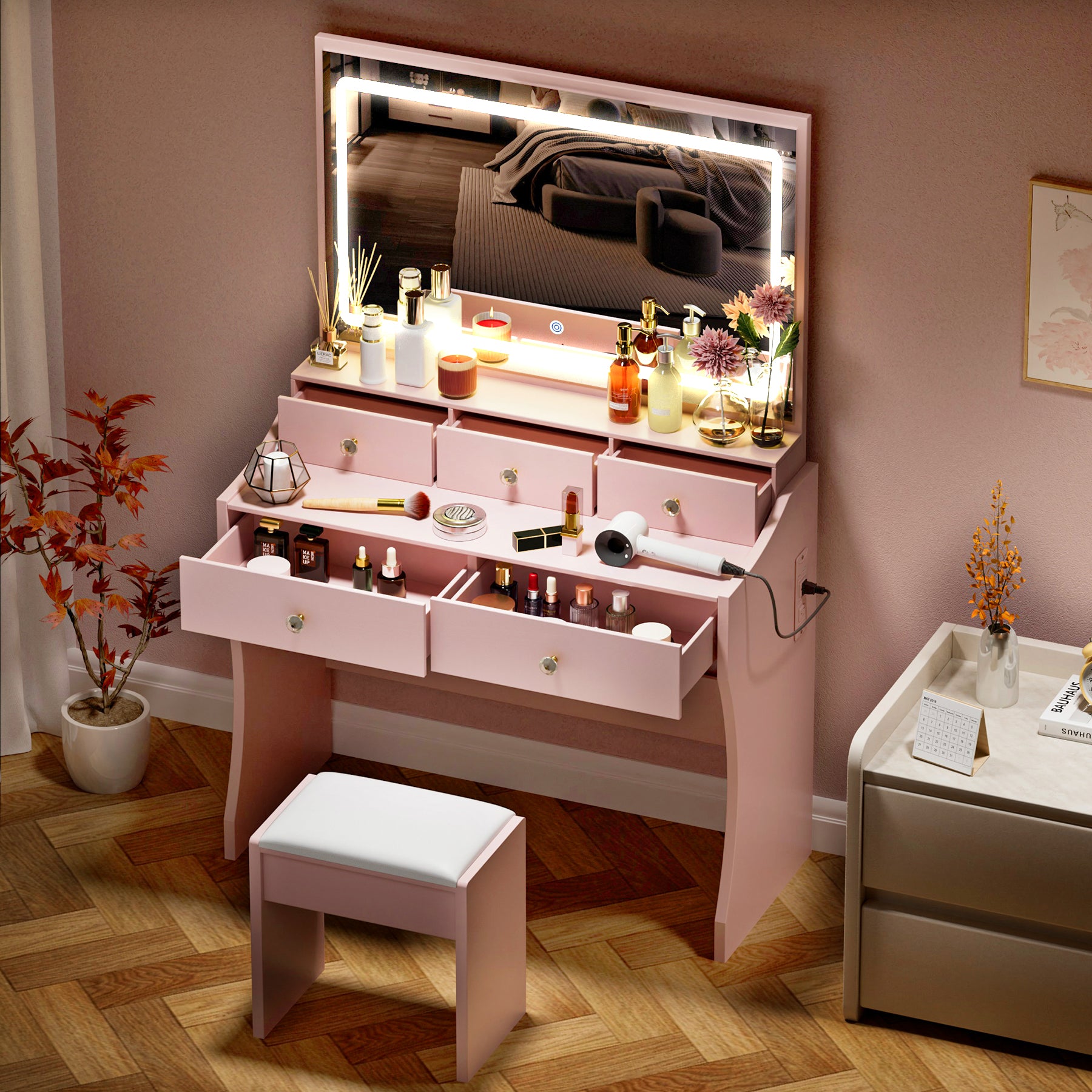 COMHOMA Makeup Vanity Table and Chair Set with 5 Drawers and Charging Station, Mirror and Lights Included