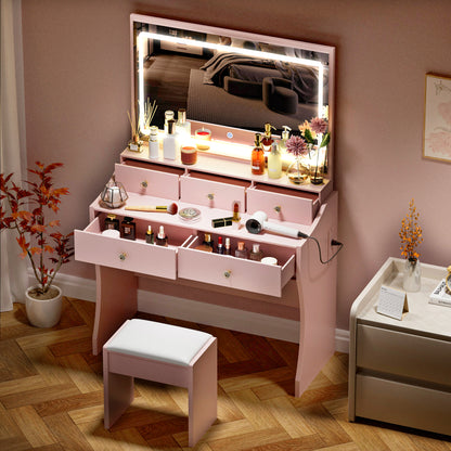 COMHOMA Makeup Vanity Table and Chair Set with 5 Drawers and Charging Station, Mirror and Lights Included