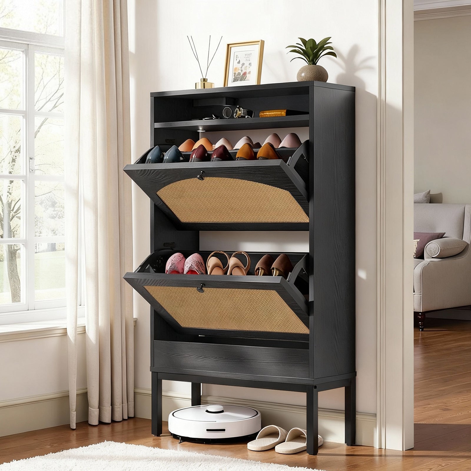 Shoe Storage Cabinet with 2 Flip Drawers & Charging Station