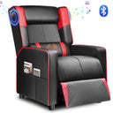 Black and red ergonomic recliner chair with built-in Bluetooth speakers, side pocket for magazines and remote, part of office furniture and recliner collections