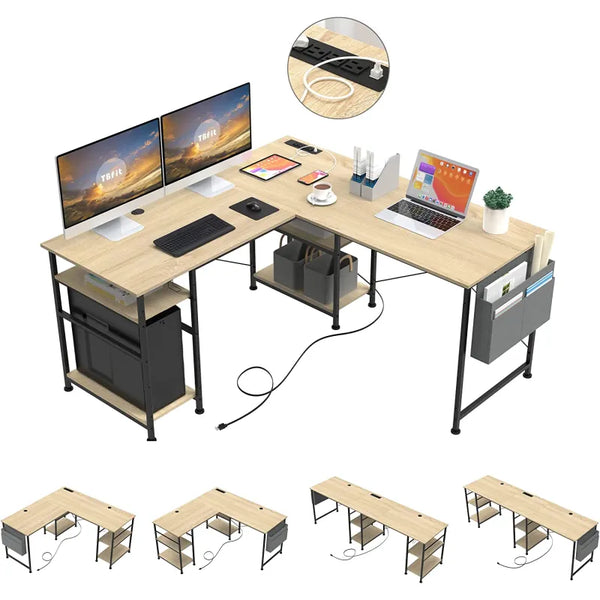 COMHOMA L Shaped Computer Desk 95.2" Gaming Desk with Power Outlet & USB Charging Port,Corner Computer Desk with Storage Shelves-DL003