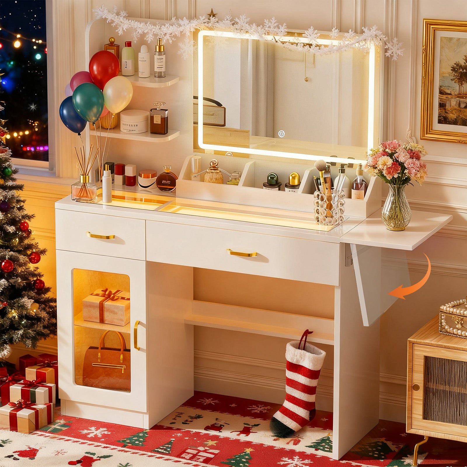 COMHOMA Vanity Desk with Transparent Tabletop and 3-Color LED Lights B2001