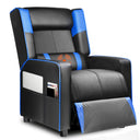 Black and blue ergonomic recliner chair with built-in massage feature and side pocket holding magazines, suitable for office and gaming use in home furniture collections.