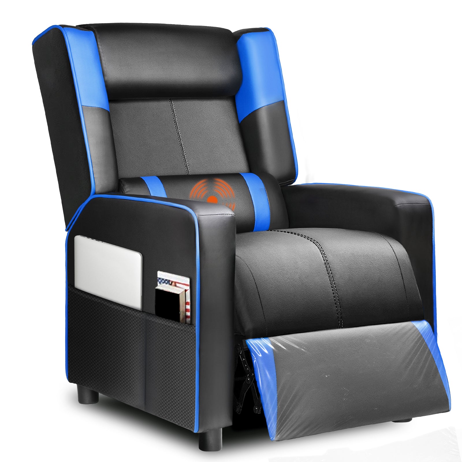 Black and blue ergonomic recliner chair with built-in massage feature and side pocket holding magazines, suitable for office and gaming use in home furniture collections.