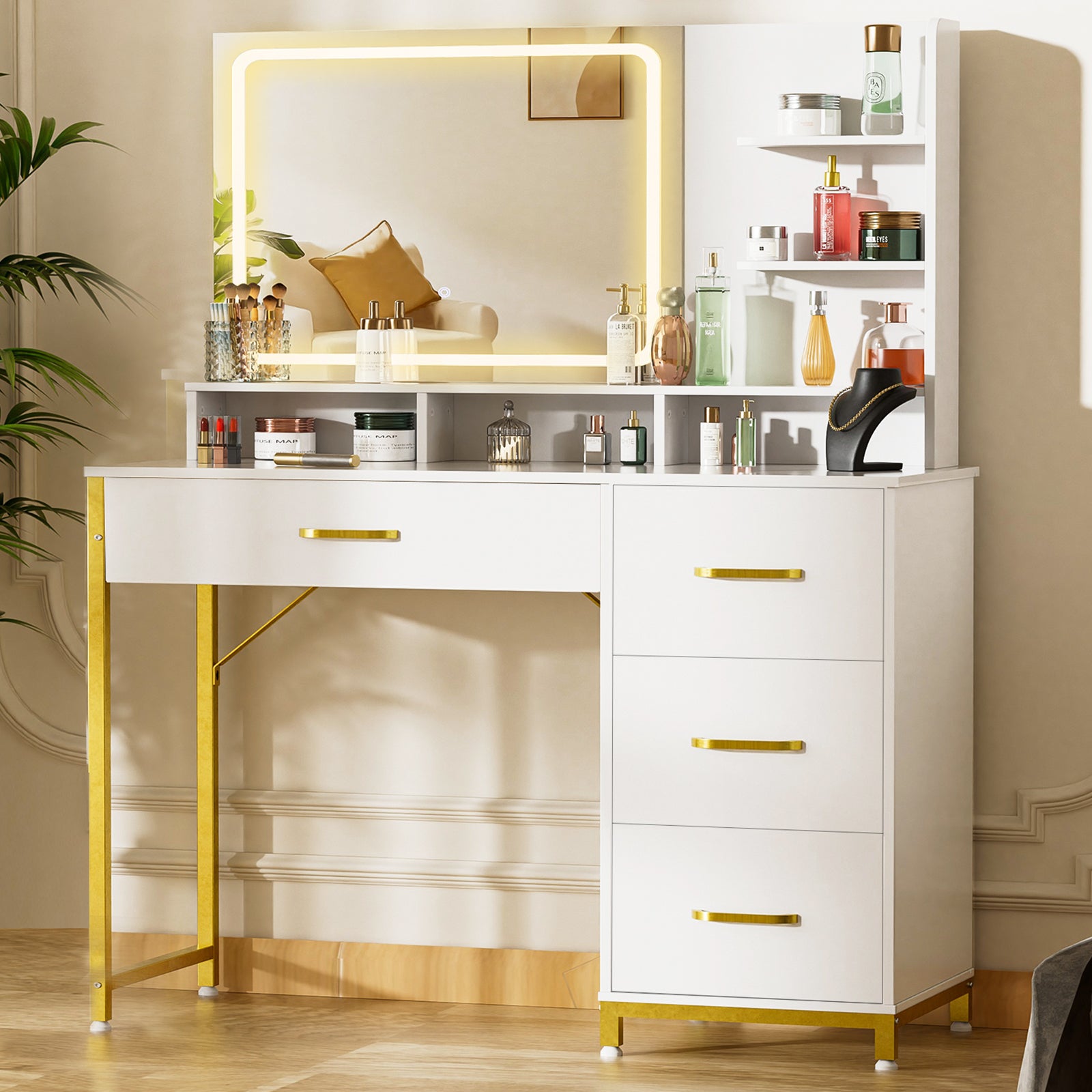 COMHOMA Vanity Desk with Mirror and Lights, 4 Drawers & Storage Shelves B1006-CH