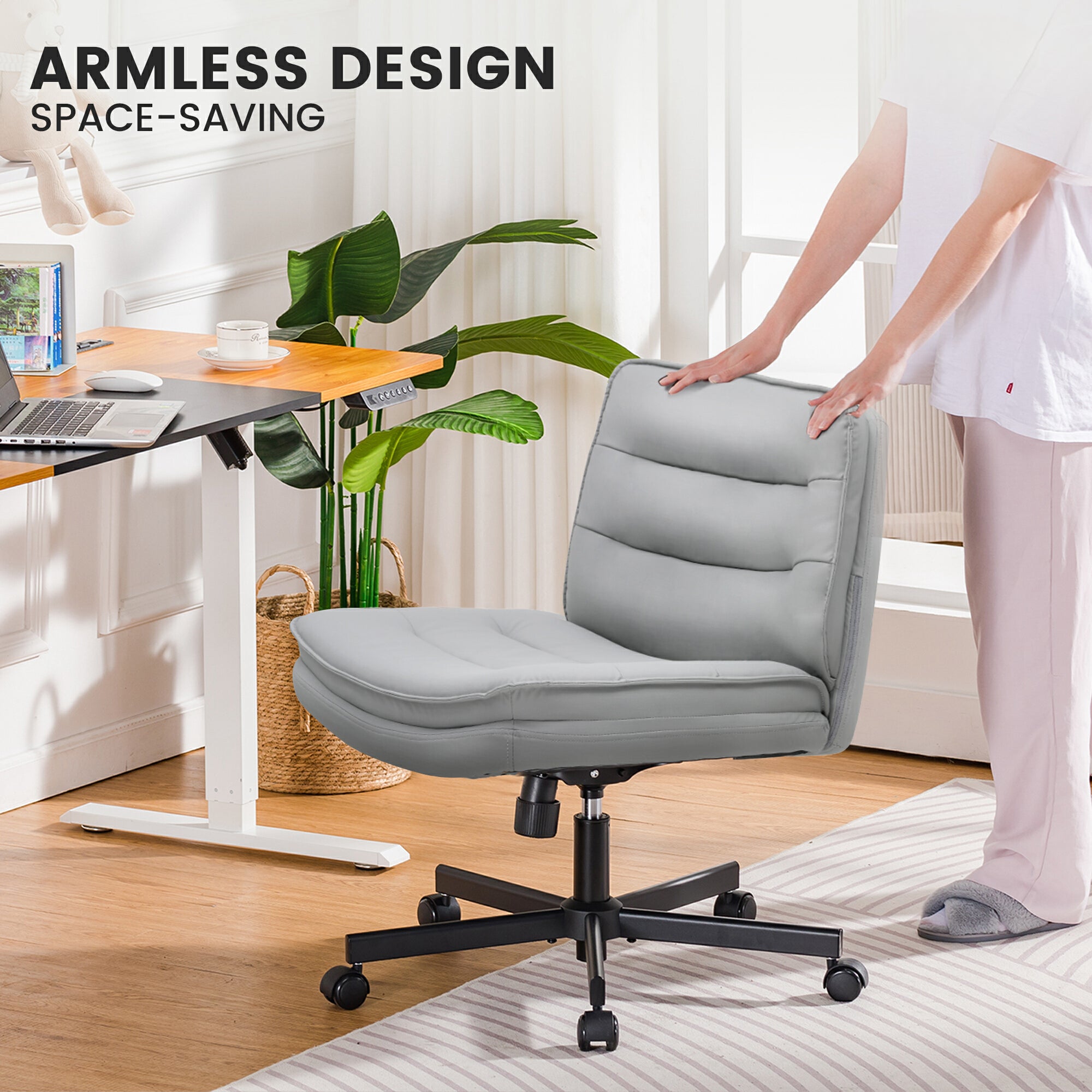 Armless ergonomic office chair with adjustable height and space-saving design in a bright home office setting, part of Office & Game and Office Furniture collections.