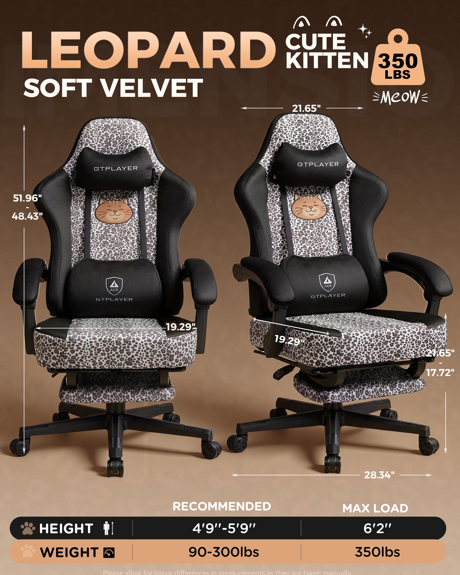 GTPLAYER Gaming Chair with Leopard Print Cat, Cute Velvet Fabric Ergonomic Office Chair with Footrest Headrest and Lumbar Support GTP710
