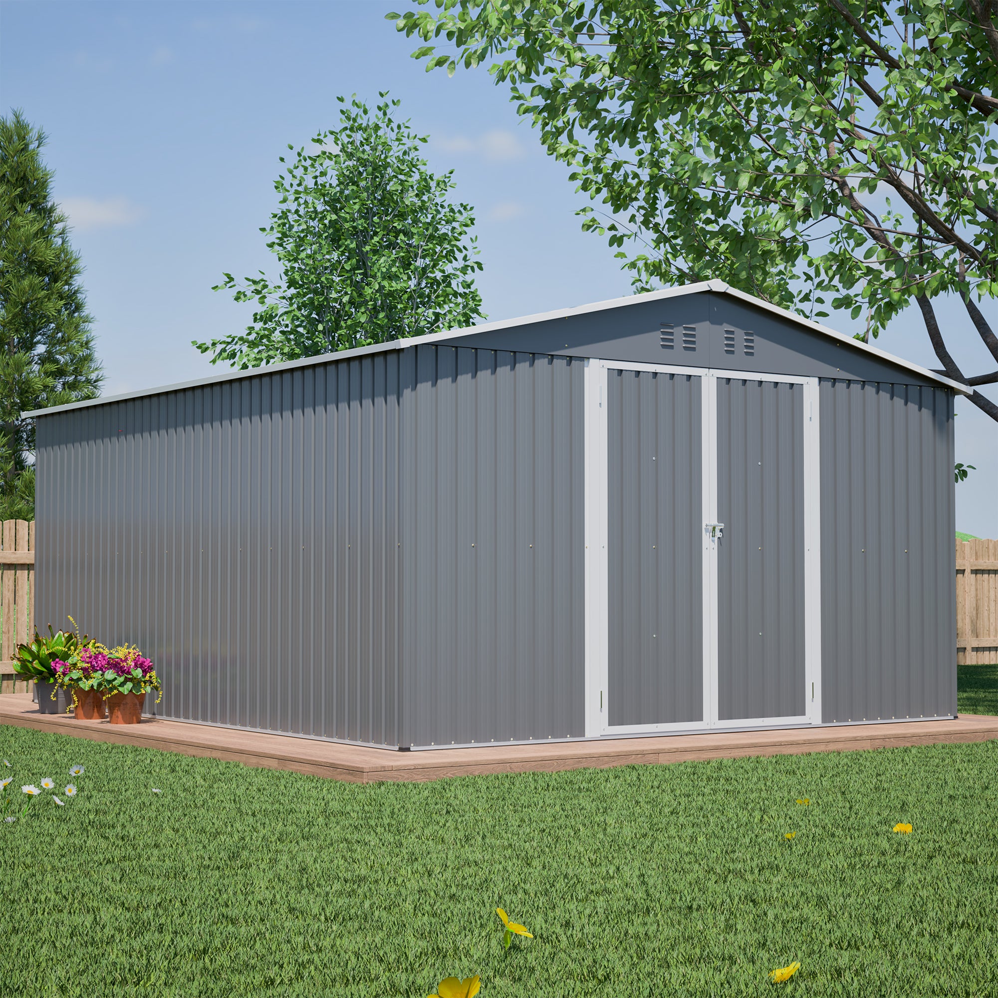 11x13 FT Metal Storage Shed with Reinforced Floor Frame Large 140.5 ft² Outdoor Garden Tool House Lockable Doors & 4 Air Vents Weatherproof Patio Backyard Organizer for All Seasons – 3-Box Packa