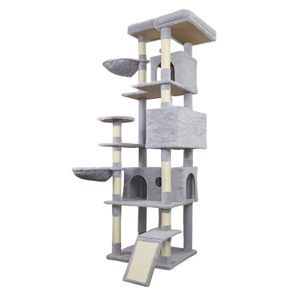 84.6 in Light Gray Cat Tree Tower with Wide Base, 3 Large Hinding Condo,  11 Sisal Scratching Post, Sisal Scratching Ladder,  2 Hammocks, Large Top Platform,  Many landing Perch and Interactive toy