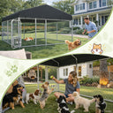 Top view of a COMHOMA outdoor dog kennel with weather-resistant roof in a backyard setting, a man playing with a golden retriever, and a woman sitting inside the kennel surrounded by various small dog breeds, showcasing a safe and spacious pet area from the Garden & Outdoor and Pet Supplies collections.