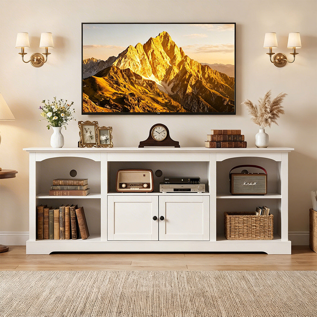 COMHOMA 71"/70"/59" TV Stand up to 80 Inch TV, Modern Farmhouse Entertainment Center with Open Storage Shelves and Cable Management Holes for Living Room H1004