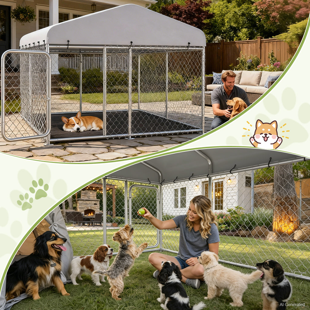 [SUMMER CLEARANCE] 7.5'x7.5'/11'*15' COMHOMA® Outdoor Dog Kennel with All Weather Resistant Roof OT-GD05-2