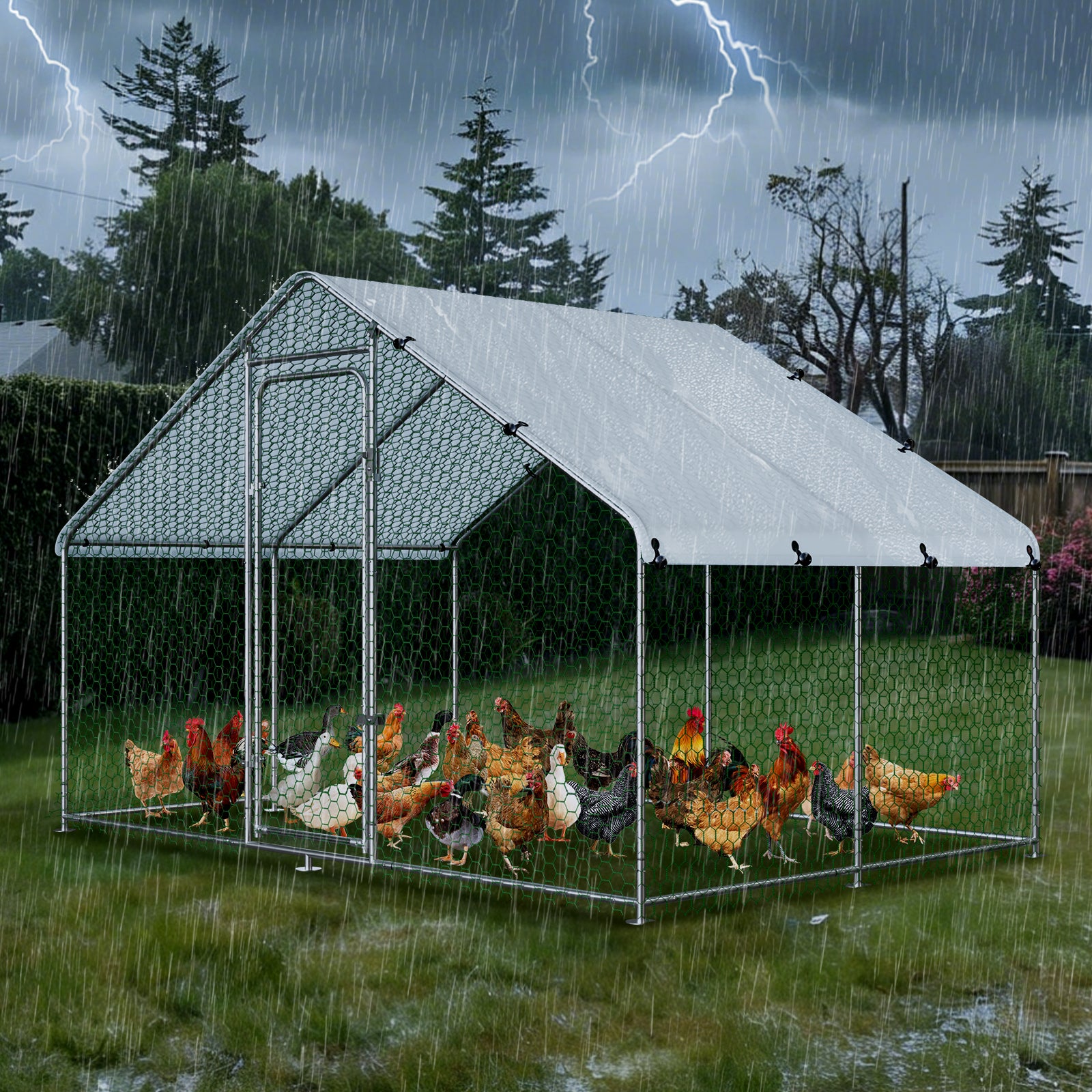 Large Metal Chicken Coop Walk-in Run with Waterproof Cover, 9.8' x 6.5' x 6.5' Outdoor Backyard Farm Cage for Poultry, Ducks, Rabbits