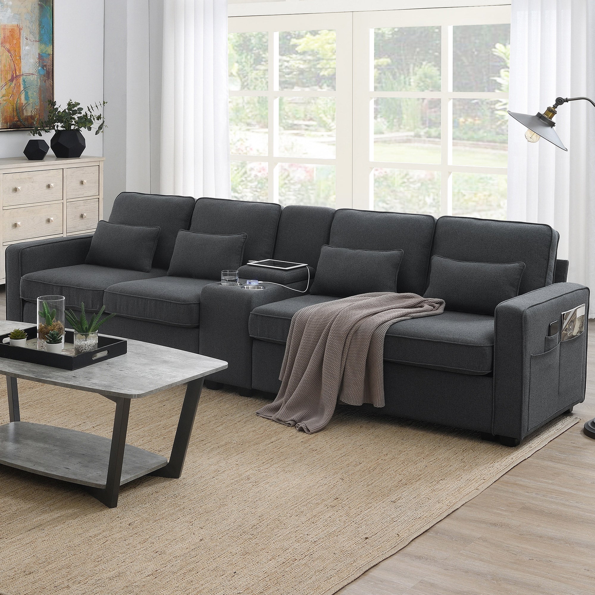 [VIDEO provided] [New] 114.2' Upholstered Sofa with Console, 2 Cupholders and 2 USB Ports Wired or Wirelessly Charged, Modern Linen Fabric Couches with 4 Pillows for Living Room, Apartment (4-Seat)