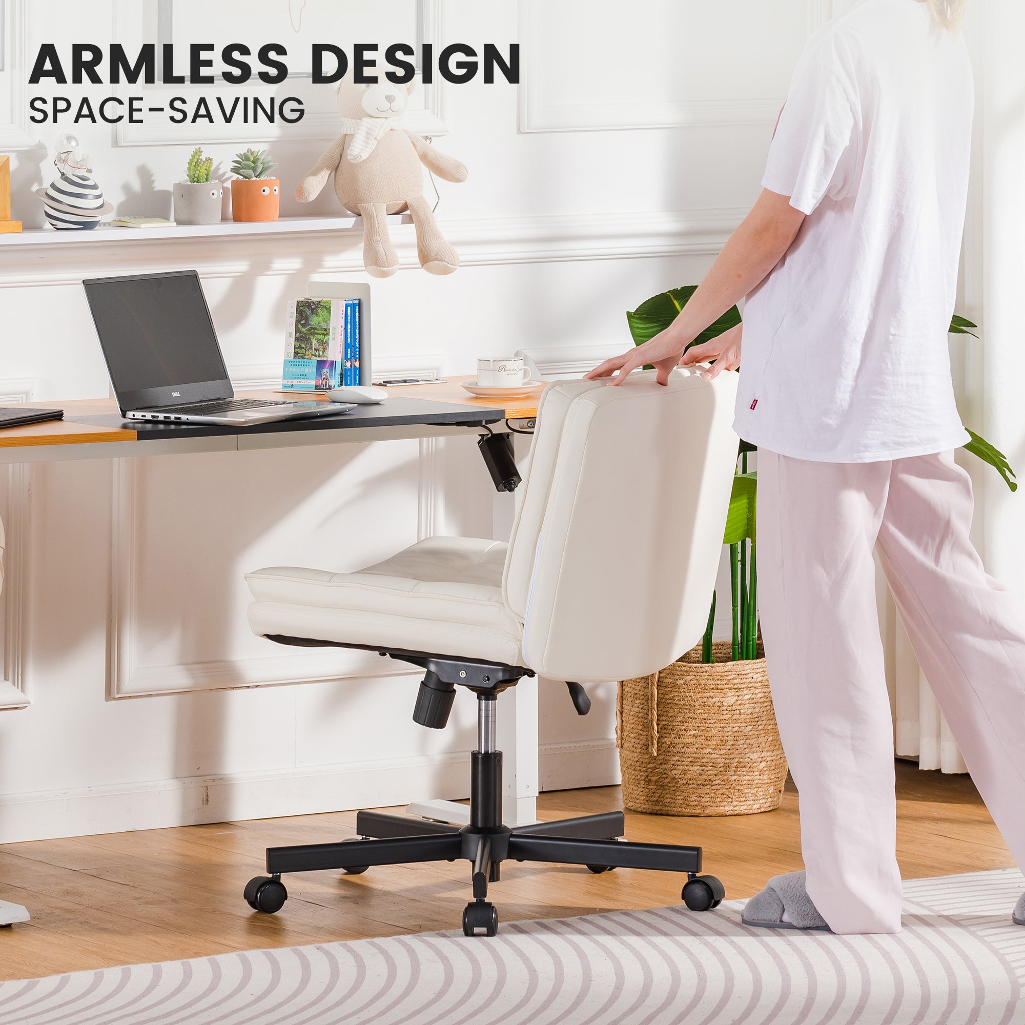 Person adjusting a white armless office chair with space-saving design near a desk with laptop in bright home office setting from All Products, Office & Game, Office Furniture collections.