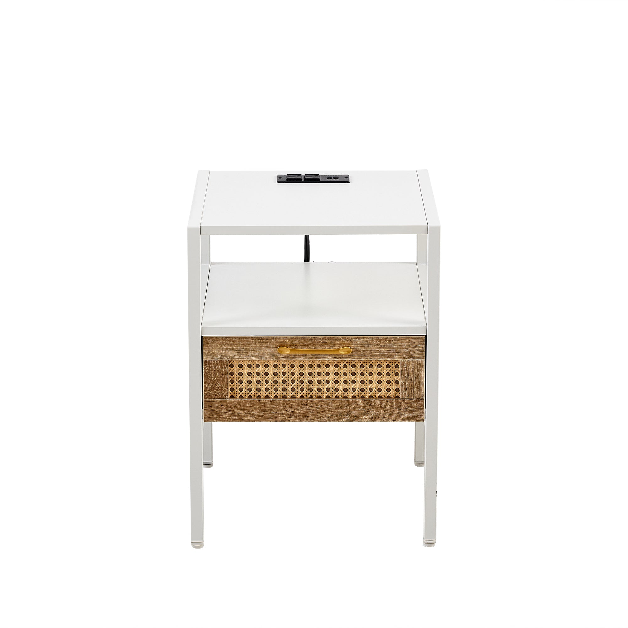 Modern Rattan End Table Set with Power Outlet & USB Ports, White MDF & Metal, 15.75'