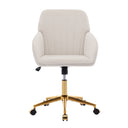 Beige velvet ergonomic office chair with padded armrests, adjustable height, swivel base, and gold metal legs with caster wheels for easy mobility.